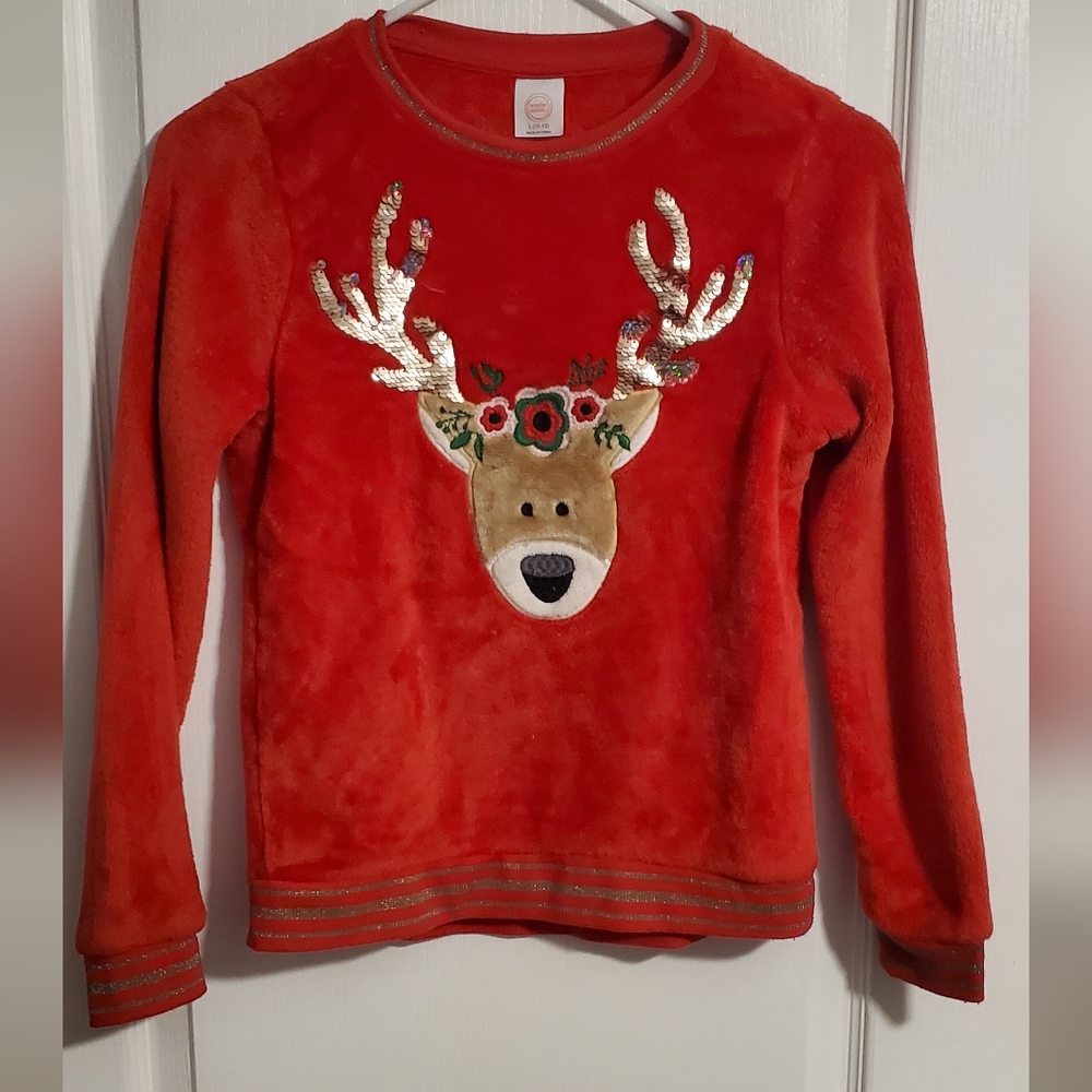 Girls EUC Red Wonder Nation Christmas Reindeer Sweater Sweatshirt  L Large 10-12